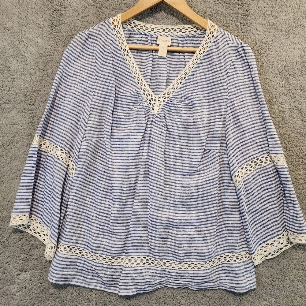 Chico's Blue White Striped Bell Sleeve Linen Blouse Top Crochet Boho Sz 1 Small